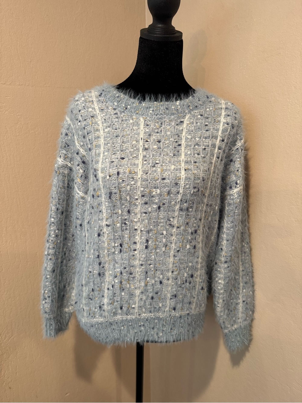 Light Blue/Grey Fuzzy Textured Confetti Dot Pattern W/ Vertical Stripe Accents.